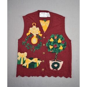 Vintage Eagles Eye Sweater Womens Medium Red Vest Christmas Pear Tree Cardigan